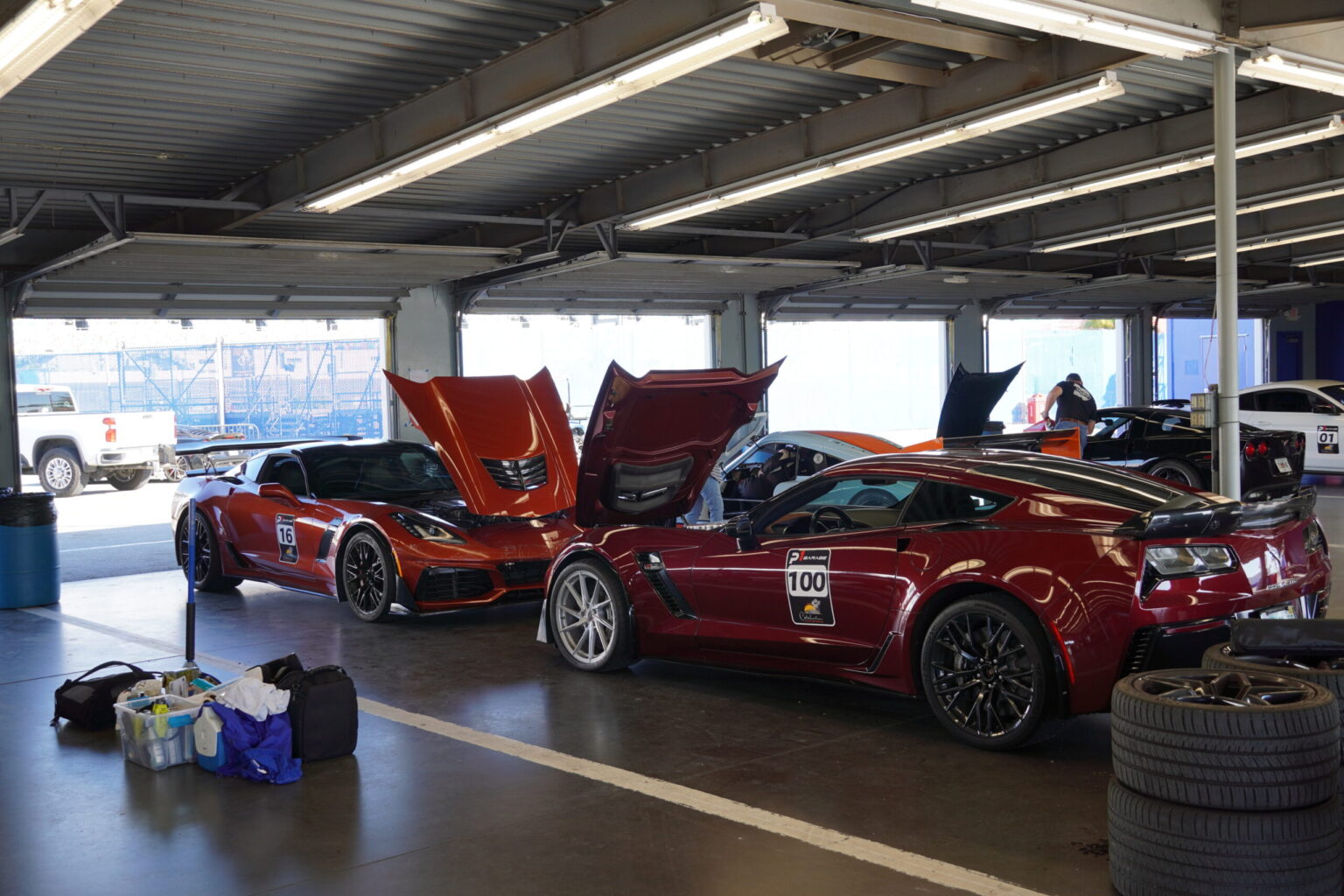Cars lined up in paddock garages