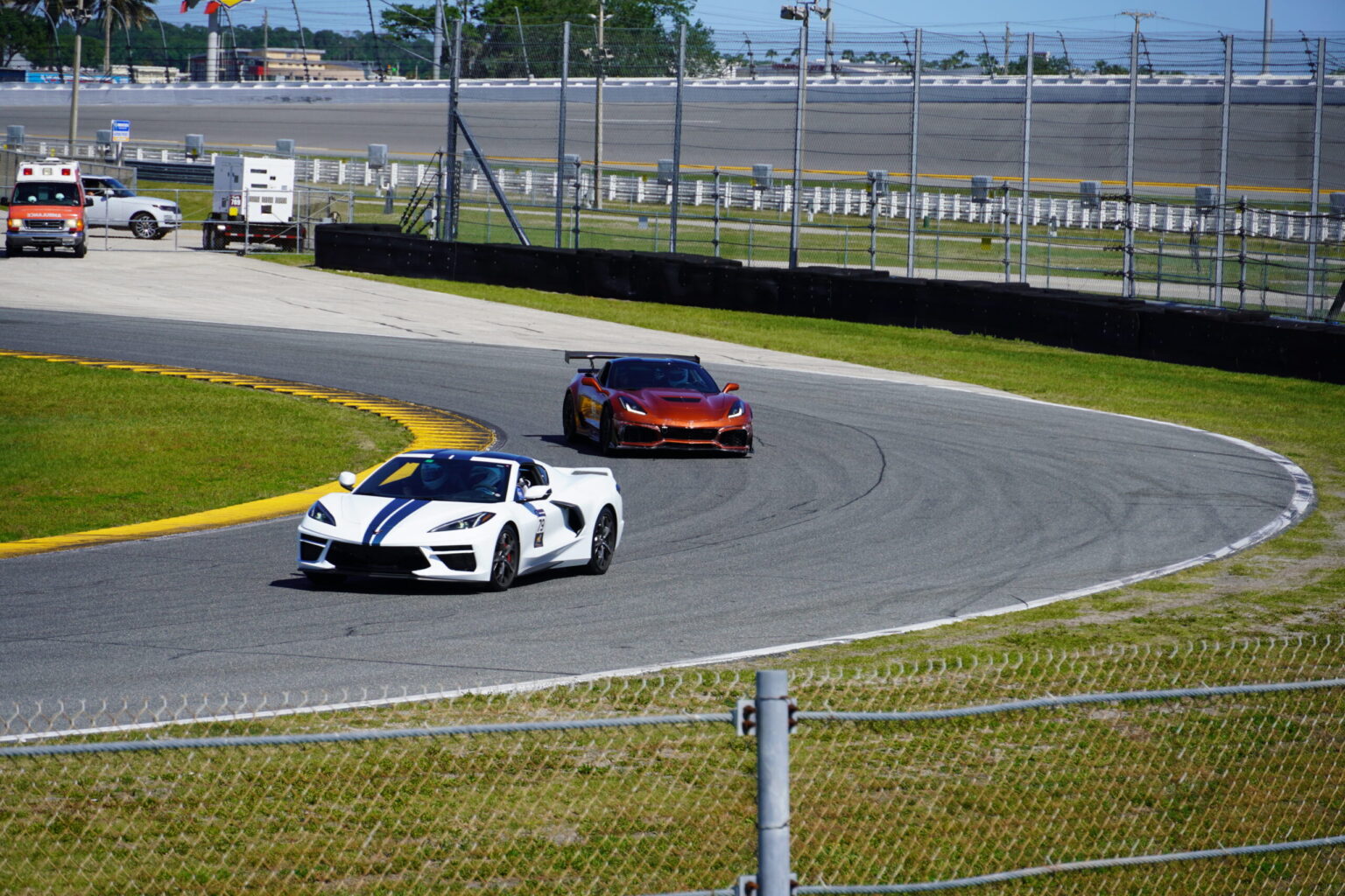 Two Corvettes battling through the infield at Daytona